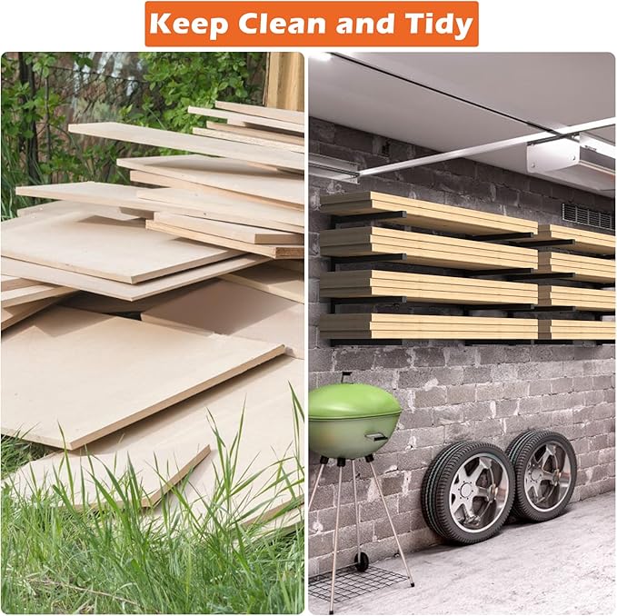 PINPON 4-Pack Heavy Duty Wall Mount Lumber Storage Rack, 4-Level Snap-Fit Wood Organizer with 16.8” Arms & 6.2” Shelf Spacing, 110 lbs Per Tier, for Garage & Workshop Indoor Outdoor Use, Black