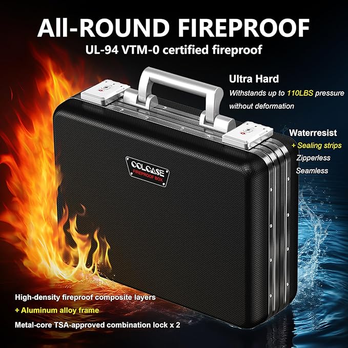 COLCASE Fireproof Document Box, Ultra Hard Case All-Around Fireproof Box with TSA Lock Aluminum Frame Zipperless Hard-Shell Safe for Documents Valuables Passports Black