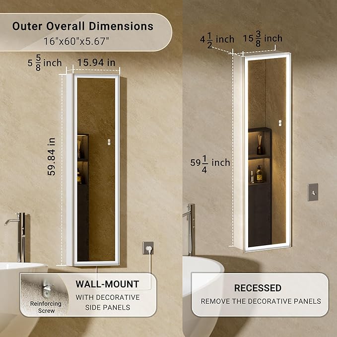16"x60" Tall Lighted Medicine Cabinet with Mirror Door & Brush Nickel Bevel Frame, Surface or Recessed LED Bathroom Mirror Cabinet with Outlet, 5-Tier Adjustable Shelf & Sensor Inner Light