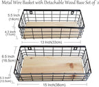 Metal Wire Basket Detachable Wood Base Storage Organizer Farmhouse Hanging Basket for Kitchen Cabinets, Bathroom, Pantry, Laundry Room Set of 2,Black Color