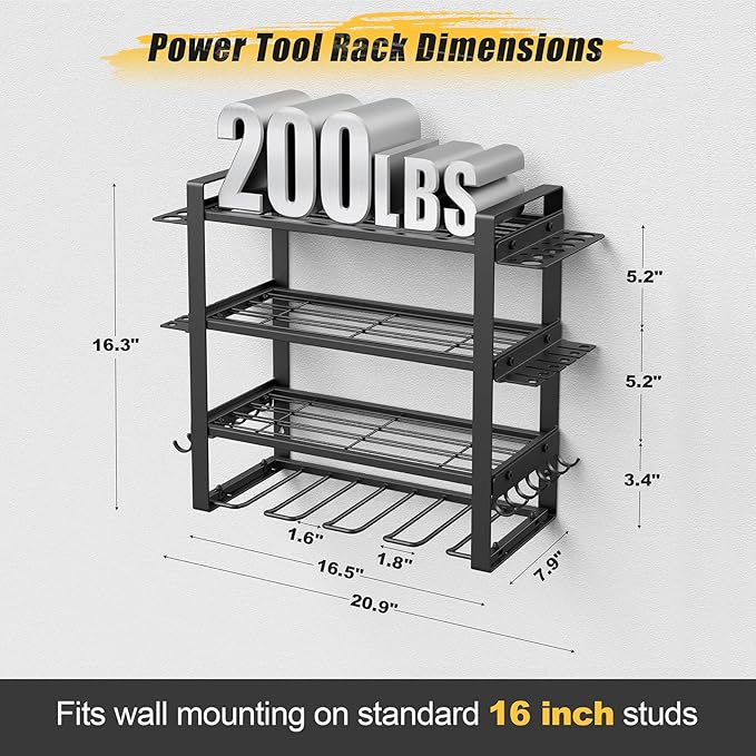 Power Tool Organizer Wall Mount, 4-Tier Tool Storage Rack with 8 Drill Holders, 200LBS Load Heavy Duty Cordless Tool Shelf for Garage Organization, Gift for Men