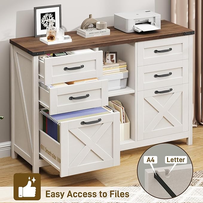 Lateral File Cabinet with 6 Drawers, Farmhouse Filing Cabinet for Letter/A4 Size, Wood File Storage Cabinets Printer Stand with Open Storage Adjustable Shelf for Home Office Cabinets, White and Brown