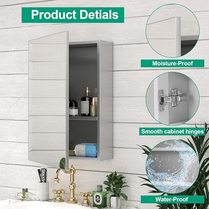 20 x 26 Farmhouse Medicine Cabinet for Bathroom, Silver Bathroom Mirror with Storage, Tempered Glass, Frameless Recessed or Wall Mount Aluminum Medicine Cabinet - Pre-Assembled