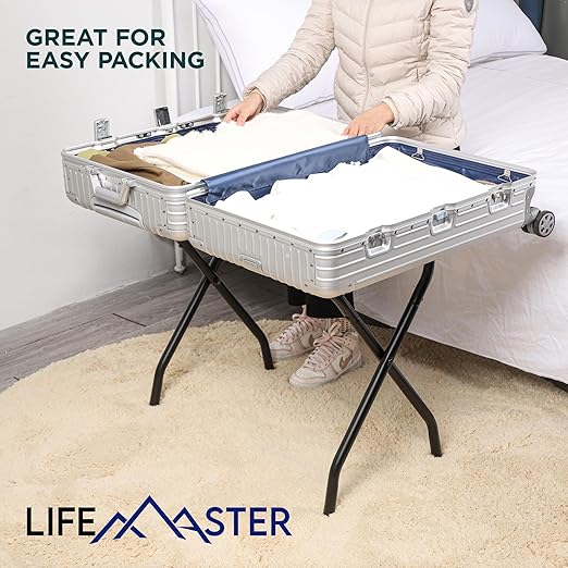 Lifemaster Metal Luggage Rack - Pack of 3 Foldable, Easy Assembly, Space Saving, and Stylish Steel Frame Guest Suitcase Stands with Nylon Straps - Black