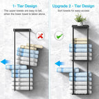 Towel Rack for Bathroom, Wall Mounted Vertical Rolled Towel Storage Organizer Holder with Shelf, Holds Up 6 Large Bath Sheets, Black