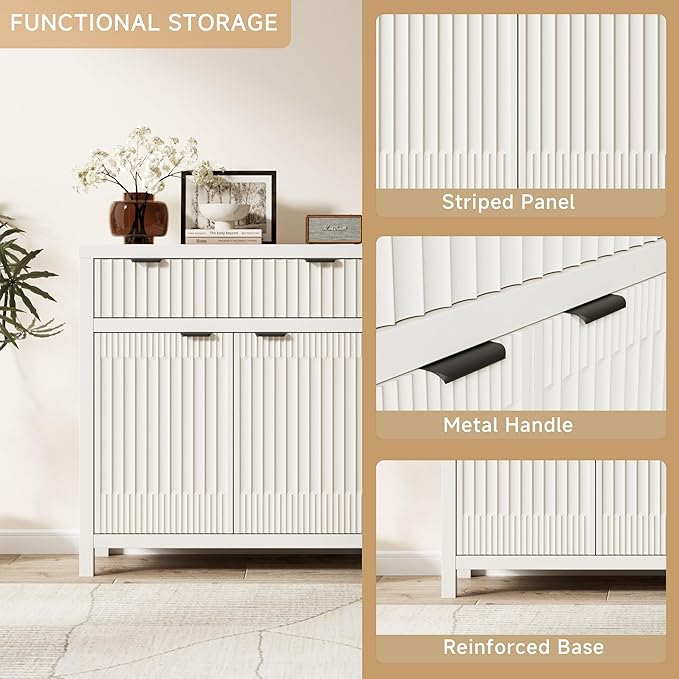 FLOWBACK Buffet Cabinet with Storage,Modern Credenza with Fluted Doors & Shelves Coffee Bar Media Console Accent Cabinets for Living Room, Entryway (White, 2 Door + 1 Drawer(3 Piece))
