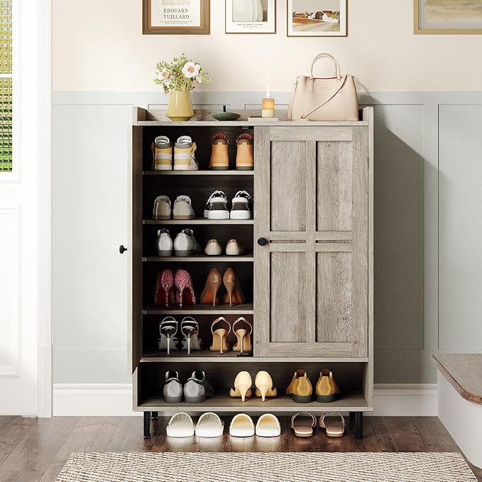 ONBRILL Shoe Cabinet with Cross Molding Doors, 6-Tier Shoe Storage Cabinet with 3 Adjustable Shelves and Metal Legs, 45'' Tall Shoes Rack Organizer Cabinet for Entryway, Front Door, Gray Wash