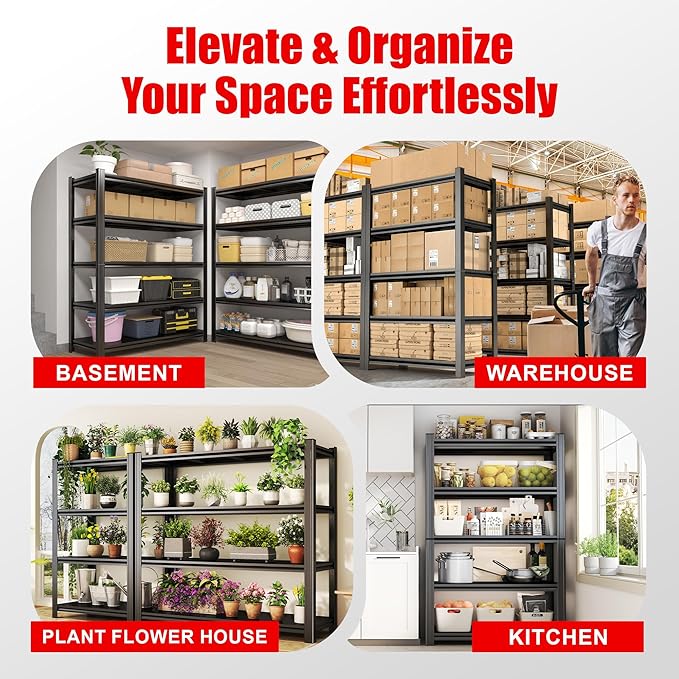 Heavy Duty Shelving 5-Tier, Garage Shelving Unit (72" H X 40" W X 18" D) Adjustable Black Metal Storage Shelves, Ideal for Garage, Basement, Pantry & Warehouse, Black, 3000LBS Capacity