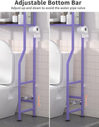 3-Tier Over The Toilet Storage, Freestanding Metal Bathroom Shelves with 4 Hooks, Over Toilet Storage Shelf with Paper Holder, Above The Toilet Shelf for Bathroom Storage, Purple