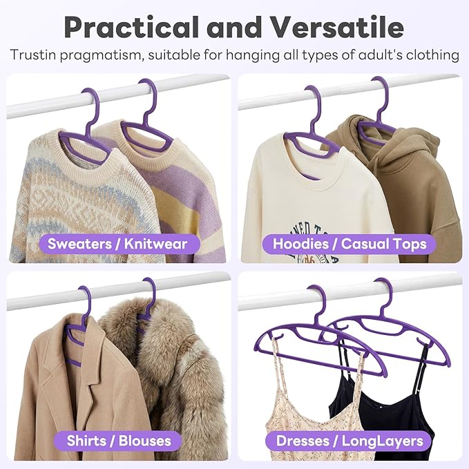 HOUSE DAY Plastic Clothes Hangers 12 Pack, Sweater Hangers No Shoulder Bump, Thick Heavy Duty Coat Hanger for Closet, Purple Wide Hanger with Non-Slip Hook for Sweaters, Suits, Dresses, Jackets, Pants