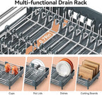 Stainless Steel Dish Drying Rack - Dish Drainer for Kitchen Counter, Extendable Drainboard with Foldable, Space-Saving Cup & Bowl Organizer, Includes Knife and Utensil Holder, Matte-Green