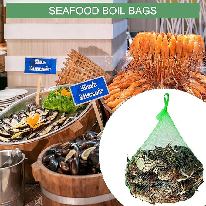 100Pcs Reusable Produce Plastic Mesh Bag,20 Inch Seafood Boil Bags，Kitchen Organizer Produce Packaging Supplies Net，Vegetable and Fruit Seafood Plastic Mesh Strap Storage Bag (Green)