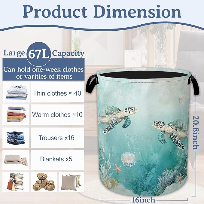 Sea Turtles Laundry Basket,Foldable Oxford Cloth Jellyfish Coral Laundry Hamper with Handles, 20.8"x16" Tote Bag Clothes Storage Bucket for Laundry Room/Bathroom/Bedroom/Dormitories