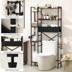 Over The Toilet Storage Shelf with Drawers, 7 Tier Above Toilet Bathroom Organizer Rack with Adjustable Shelves, Space Saver Stand Behind Toilet with Paper Holder & Hooks for Laundry, Brown