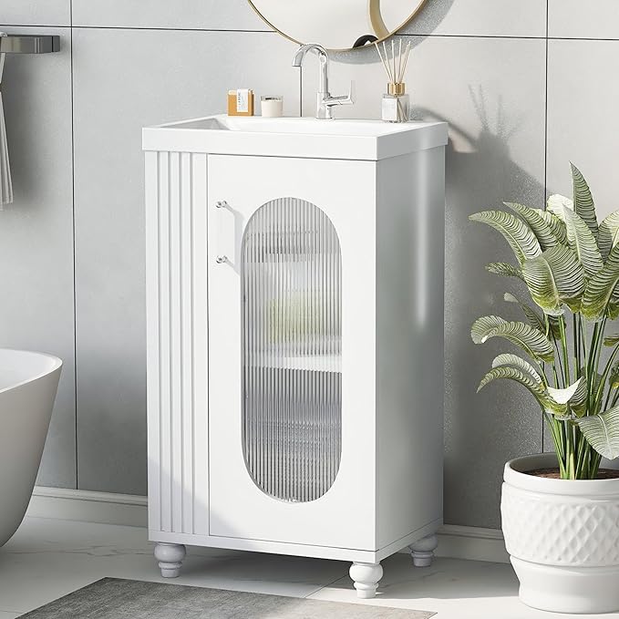 20" Small Bathroom Vanity with Sink and Glass Door, Storage Shelf & Toilet Paper Holder,Solid Wood & MDF Modern Single Bathroom Sink Cabinet with Shelves,Freestanding,White