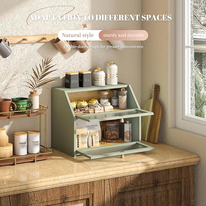 Bread Box for Kitchen Countertop Bin Double Layer Bread Box Storage Container Extra Large Capacity Farmhouse with Diamond Pattern Windows (Green, Large)