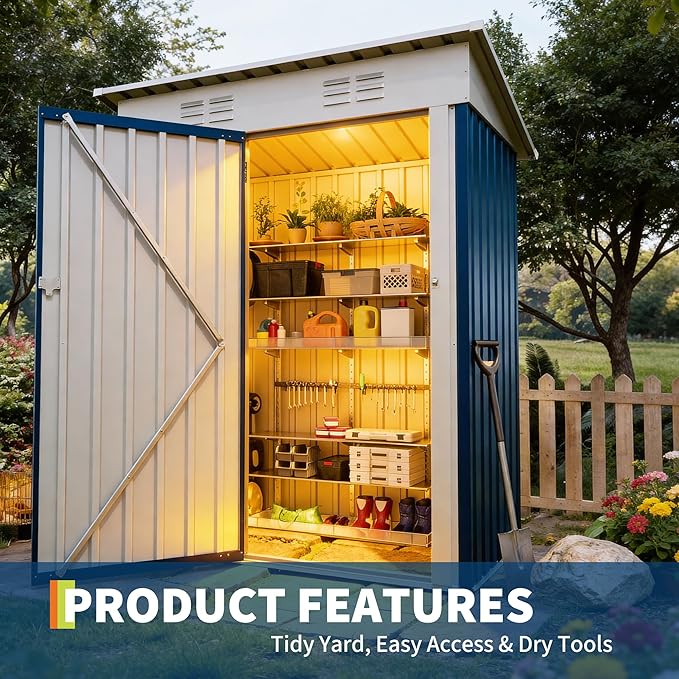 5×3FT Storage Shed，67CU.FT Tool Shed with Sloping Roof and Lockable Door, Compact Metal Tool Garden Shed for Garden, Backyard, Patio