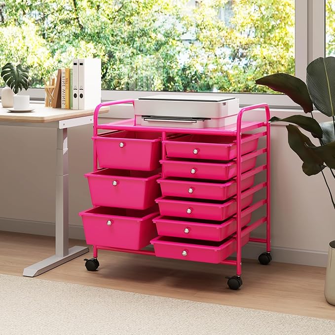 RELAX4LIFE 9 Drawer Rolling Storage Cart - Mobile Drawer Carts for Craft Art Supply Paper Salon, Utility Cart on Wheels for Classroom Teacher School Office, Rolling Cart with Drawers (Hot Pink)
