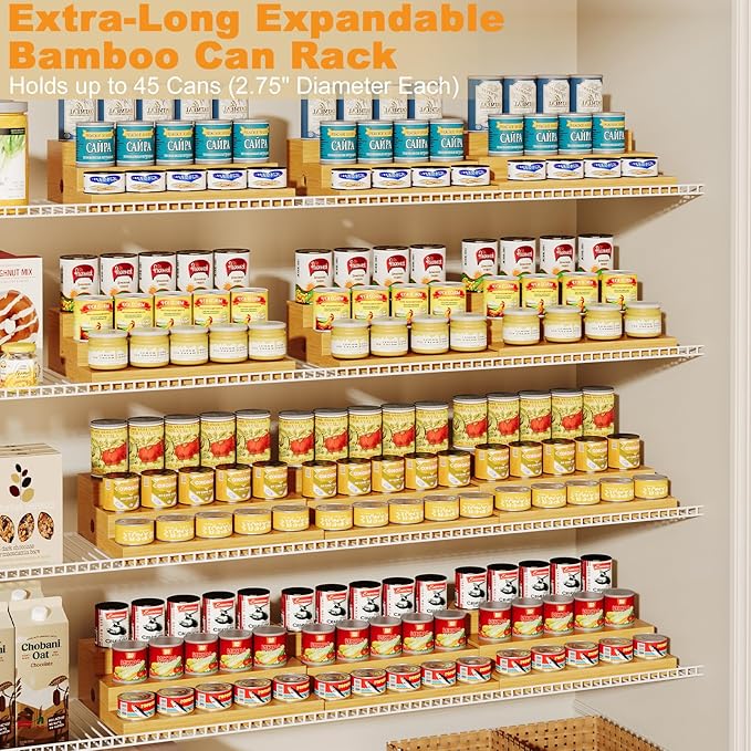Extra-Long Expandable Bamboo Can Rack for Pantry – 3-Tier Adjustable Pantry Can Organizer, Large Capacity Holds up to 45 Cans, Pantry Shelf & Countertop Storage (Patent Pending)