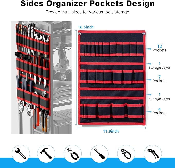 JUNNUJ Large Power Tool Organizer Cart with Charging Station, Garage Floor Standing Rolling Drill and Tools Battery Storage Cart on Wheels, Heavy Duty Utility Rack with 8 Outlet 10 FT Power Strip, Red