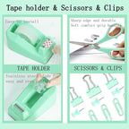 Green Office Supplies, Teal Desk Accessories Accessories with Tape Dispenser, Stapler, Staple Remover, 1000 Staples, Tape, Clips Set, Ruler, Scissor, Pen