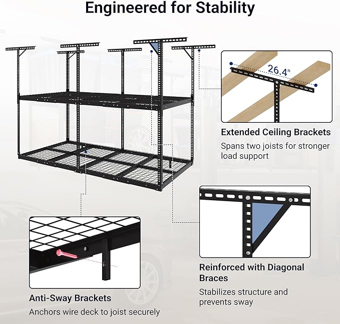 FLEXIMOUNTS 4x8 2-Tier Overhead Garage Storage Rack – Adjustable Heavy Duty Metal Garage Ceiling Storage Racks, 1000 lbs Capacity – Garages Organization System for 9–15 ft Tall Garages, Black