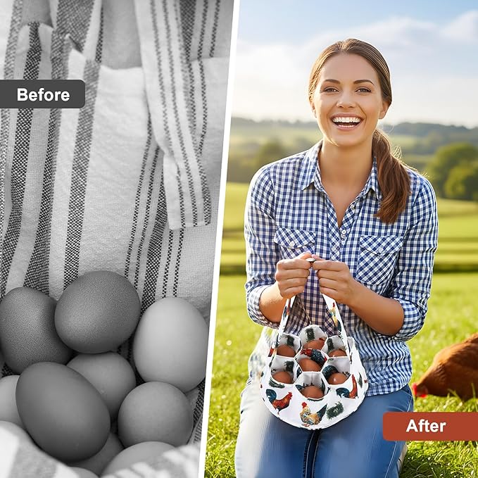 Egg Collecting Basket, Canvas Egg Basket for Gathering with 7 Pouches for Chicken, Duck, Goose, Bird, Various Poultry Collection (Grass-nest chicken)