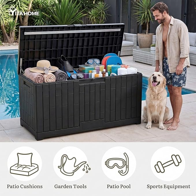 YITAHOME 120 Gallon Resin Deck Box, Large Outdoor Storage Box for Patio Cushions, Garden Tools, Pool Supplies, Lockable, Easy With Tool Assembly, Extra Seat or Table (Black)