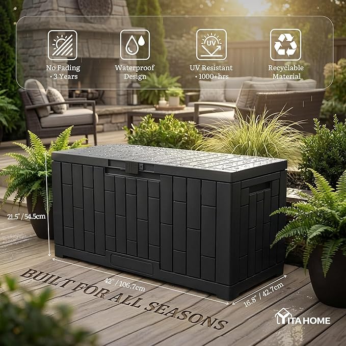 YITAHOME 60 Gallon Outdoor Storage Box, Large Water Resistant Resin Deck Box, Indoor Outdoor Lockable Rattan Storage Container for Patio, Garden, Cushions, Tools, Equipment (Black)