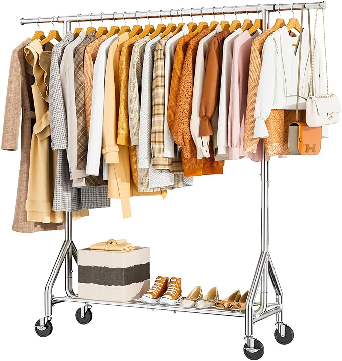 Heavy Duty Clothes Rack Load 450 LBS, Metal Garment Rack, Standing Rolling Clothing Rack for Hanging Clothes with Sturdy Wheels & Shelves, Portable Closet Wardrobe Rack,Sliver