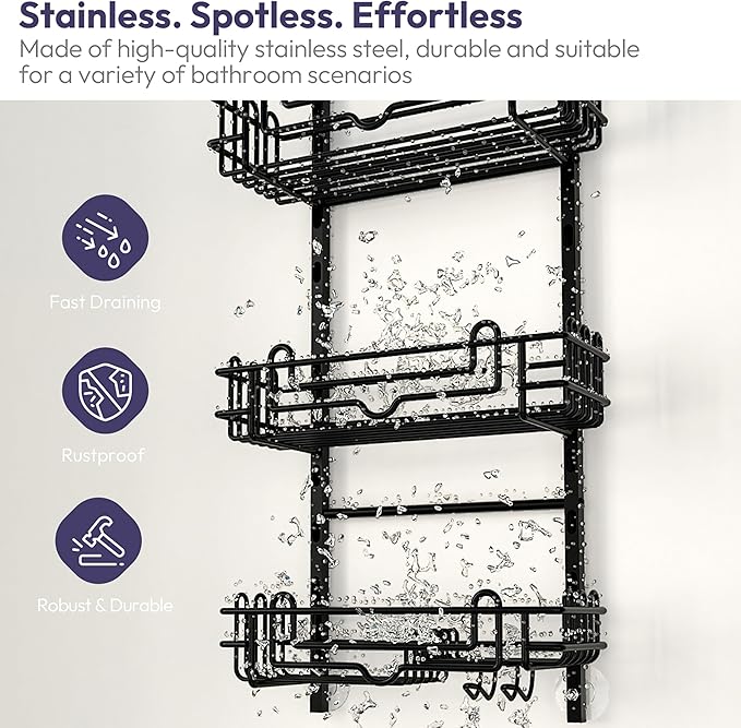 SWTYMIKI Shower Caddy Hanging Organizer - 3-Tier Rustproof Shower Organizer Over Showerhead with Adjustable Baskets, 24 Hooks, Soap & Razor Holder - No Drill Large Bathroom Storage Rack, Black