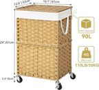 Chrislley 90L Slim Laundry Hamper with Wheels, Rolling Laundry Basket with Lid and Renovable Liner Bag, Handwoven Rattan Organizer for bedroom, bathroom, laundry room (Yellow)