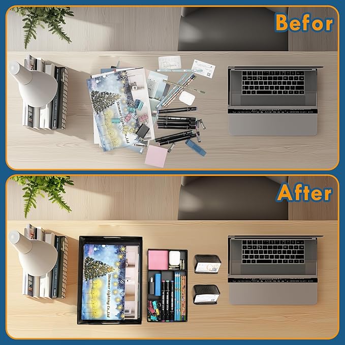 Drawer Organizers, 3 Sets Metal Mesh Desk Drawer Organizer Trays, 2 Desktop Organizers with 2 Pcs Phone Brand Card Holders, Desk Drawer Box Tray for Office, Bathroom, Kitchen, Makeup, Vanity