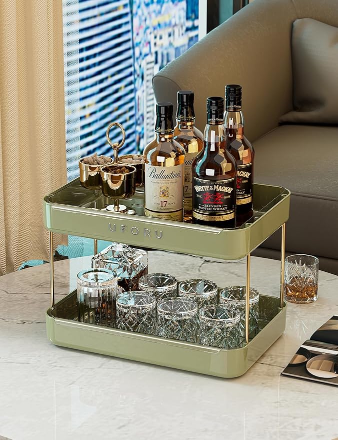 Countertop Coffee Station Organizer | 2-Tier Whisky Glass Tray, Mug Drying Shelf with Removable Drain Tray - Easy to Install, Clean - Spice Rack for Kitchen, Bathroom Counter Organzier