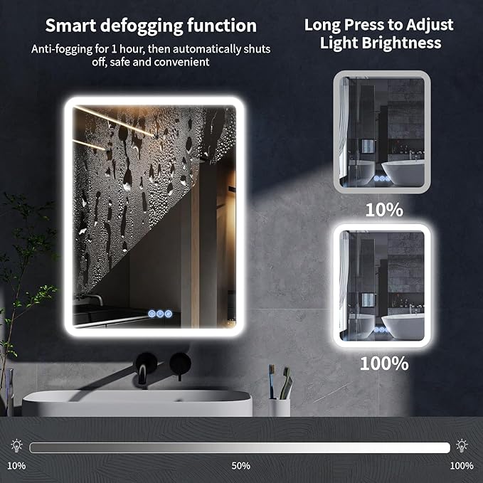 BEAUTYPEAK 24 x 32 LED Bathroom Medicine Cabinet Mirror, Adjustable Shelves, Silver Aluminum Cabinet, Anti-Fog Stepless Dimmable 3 Colors White/Natural/Warm, Easy to Install(Wall Mount/Recessed)