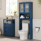 Yaheetech Over The Toilet Storage Cabinet, Free Standing Toilet Rack with Adjustable Shelves and Tempered Glass Doors for Bathroom Washroom, Navy Blue