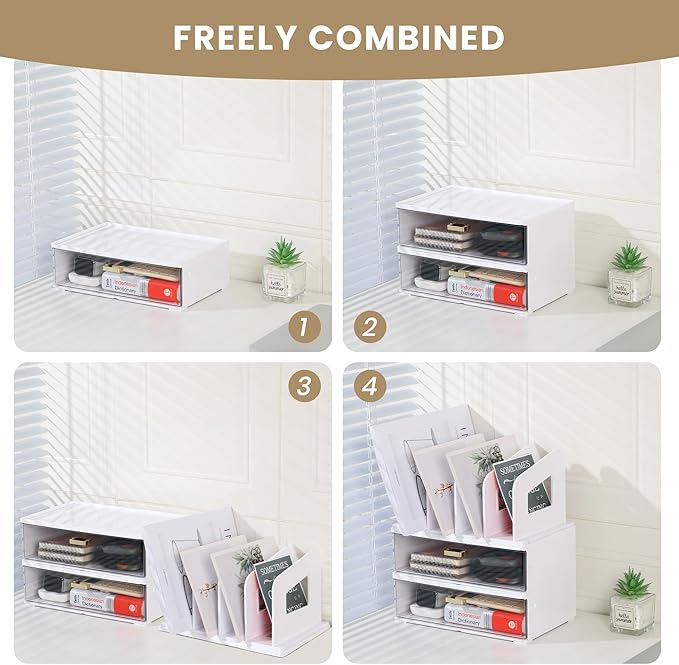 Acrylic Desk Organizer with Drawer and Vertical File Holder, Desk Organizers and Accessories, Multi-Functional Office Supplies Organizer for Home or Work Desk, White