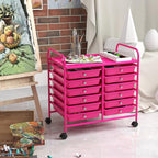 GOFLAME 12-Drawer Rolling Storage Cart, Multifunctional Art Craft Organizer Cart, Mobile Utility Storage Cart with Removable Drawers & Lockable Wheels, Craft Cart for Home Office School, Hot Pink