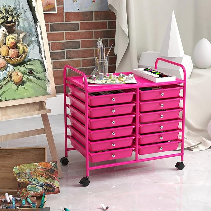 GOFLAME 12-Drawer Rolling Storage Cart, Multifunctional Art Craft Organizer Cart, Mobile Utility Storage Cart with Removable Drawers & Lockable Wheels, Craft Cart for Home Office School, Hot Pink