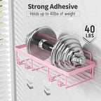 10 Pack Shower Caddy Organizer Rack Shelf for Inside Shower, Self Adhesive Wall Storage Basket Rustproof Stainless Steel Shampoo Holder Bathroom Accessory Decor Set, Pink