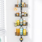 HapiRm Corner Shower Caddy Organizer - Shower Organizer Corner with Soap Holder, Toothbrush Holder and 4 Hooks, Rustproof Bathroom Shelf Tension Pole Available for 27.6 to 108.3 Inch - Black
