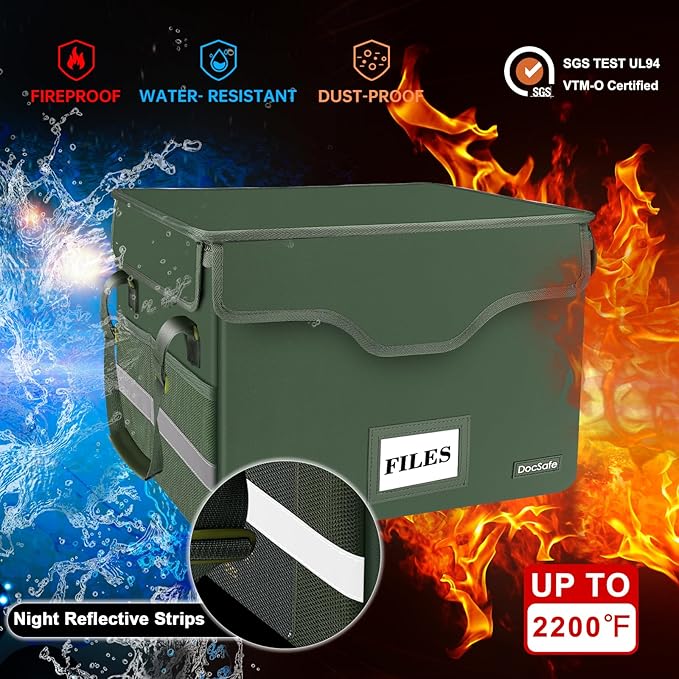 DocSafe Fireproof Document Box with Lock,File Storage Organizer with Mesh Pockets＆Lid,Collapsible Portable File Box Home Office Safe Filing Cabinet with Handle for Hanging Letter/Legal Folder,Green