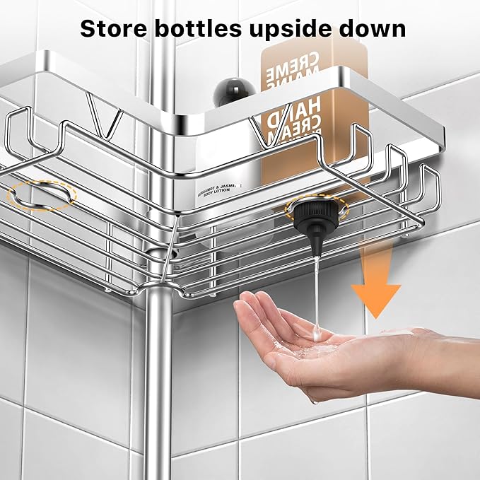 KEGII Shower Caddy Tension Pole with 2 Towel Bars, Adjustable Corner Bathroom Organizer, Rustproof Bathtub Storage Shelves for Shampoo, 25–114.2 Inch Shower Rack for Renters & Family