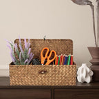 Seagrass Tank Basket with Lid with Rectangular Small Shelf Baskets Bin, Toilet Paper Basket with 3 Sections for Organize,Home Organizer Bin for Shelves Bathroom Closets Kitchen