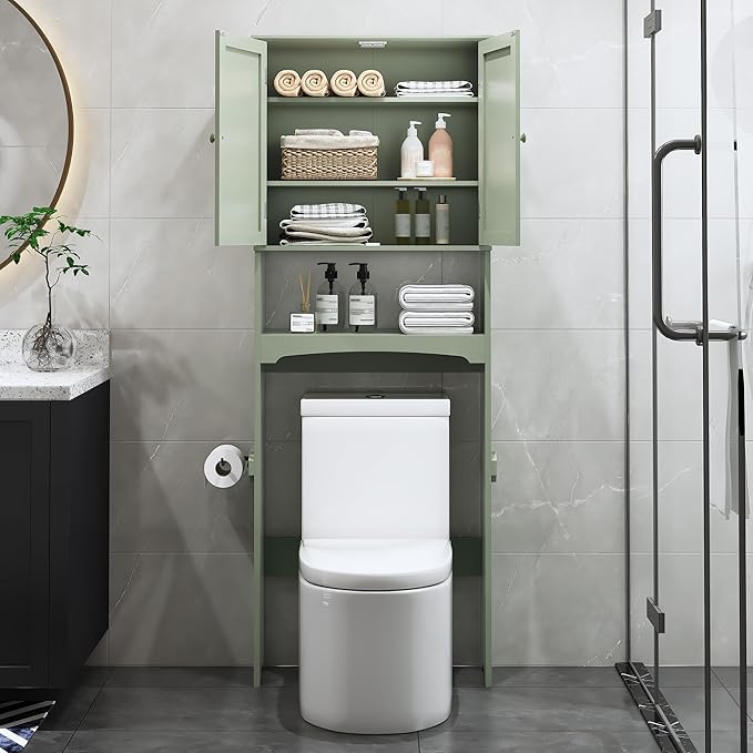 Over The Toilet Storage Cabinet with Gold Trim, Modern Bathroom Organizer Over Toilet with Adjustable Shelves and Toilet Paper Holder for Bathroom (Green)