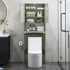 Over The Toilet Storage Cabinet with Gold Trim, Modern Bathroom Organizer Over Toilet with Adjustable Shelves and Toilet Paper Holder for Bathroom (Green)