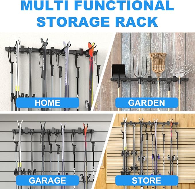 48'' Ski Rack Wall Mount,12 Pairs Ski Holders for Wall with Movable Rubber-Coated Hooks for Garage Storage Organizer System, Snowboard Wall Mount for Garage and Home Shed, Holds Up to 880lbs