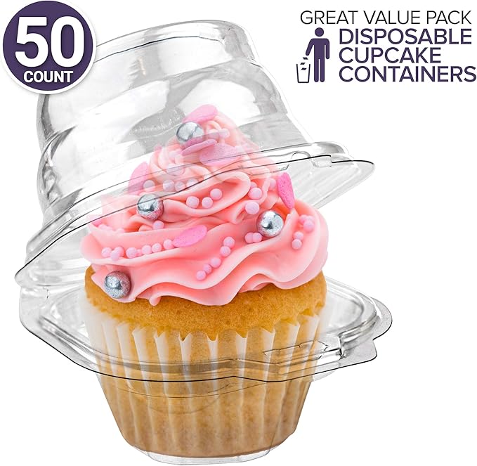 Stock Your Home Individual Cupcake Containers, 50 Pack, Cupcake Holder with Lid, Plastic Single Cupcake Container, Muffin Container, Stackable, BPA Free