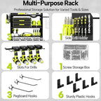 4 Layer Heavy Duty Power Tool Organizer Wall Mount with Charging Station, Adjustable Metal Storage Rack, 6 Outlets Strip, Drill Holders, Hooks & Drill Bit Rack for Garage, Workshop, Black
