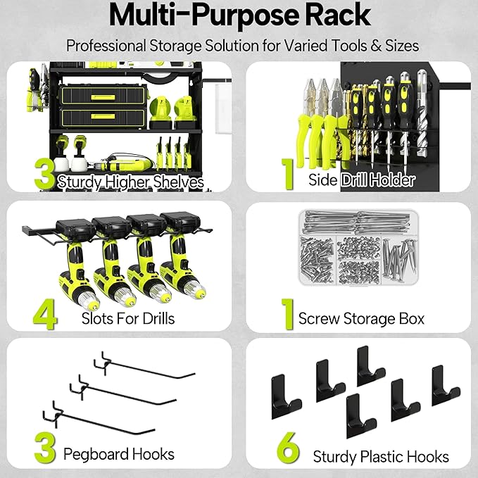 4 Layer Heavy Duty Power Tool Organizer Wall Mount with Charging Station, Adjustable Metal Storage Rack, 6 Outlets Strip, Drill Holders, Hooks & Drill Bit Rack for Garage, Workshop, Black